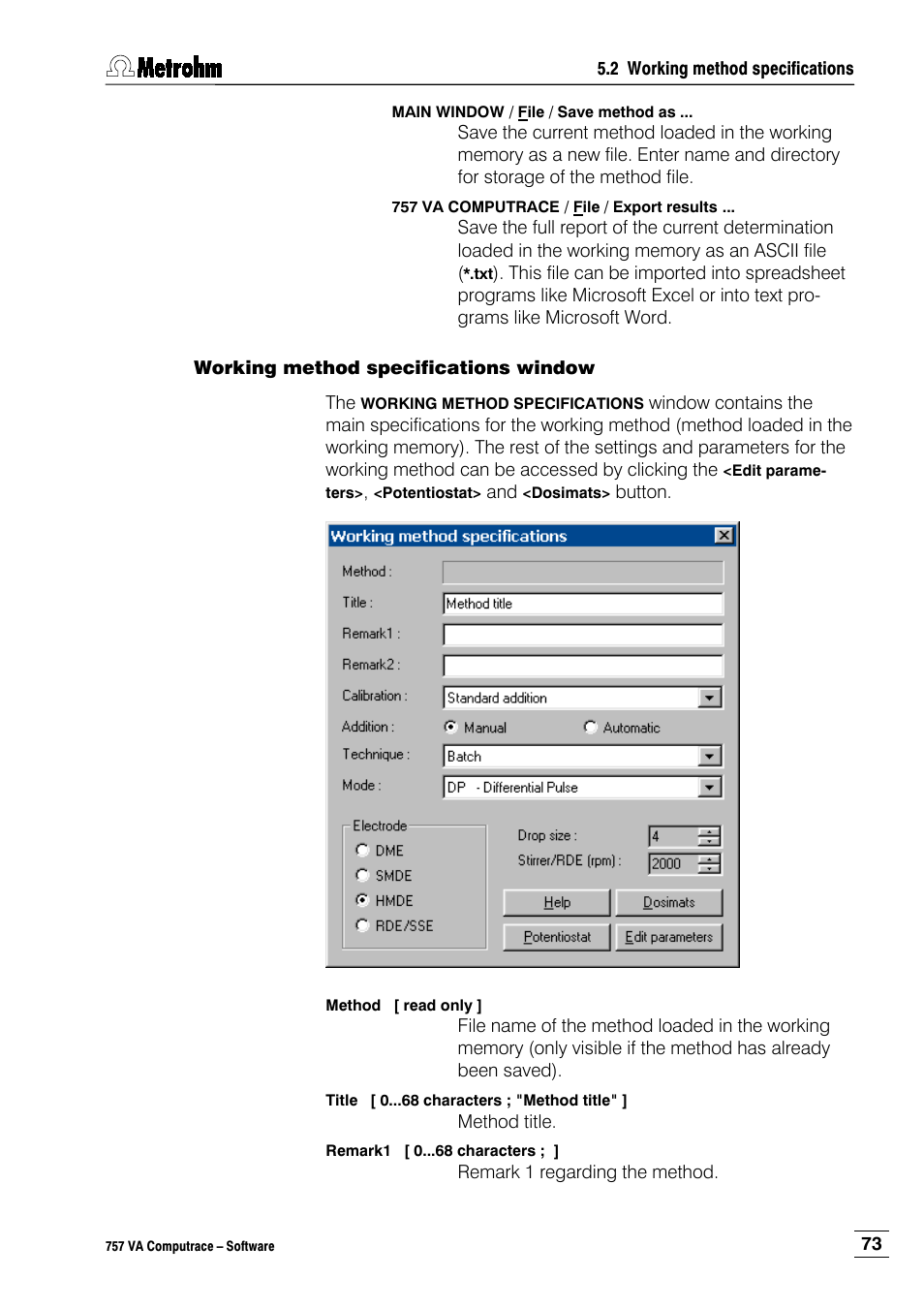 Working method specifications window | Metrohm 757 VA Computrace User Manual | Page 83 / 198