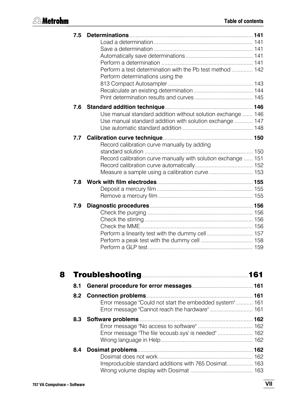 Troubleshooting | Metrohm 757 VA Computrace User Manual | Page 9 / 198