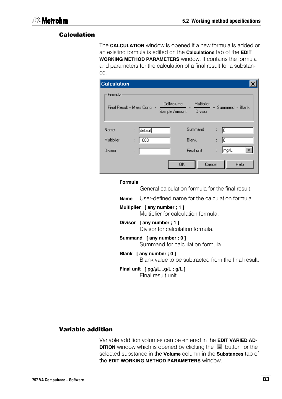 Calculation, Variable addition | Metrohm 757 VA Computrace User Manual | Page 93 / 198