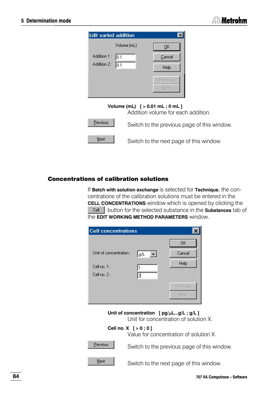 Concentrations of calibration solutions | Metrohm 757 VA Computrace User Manual | Page 94 / 198