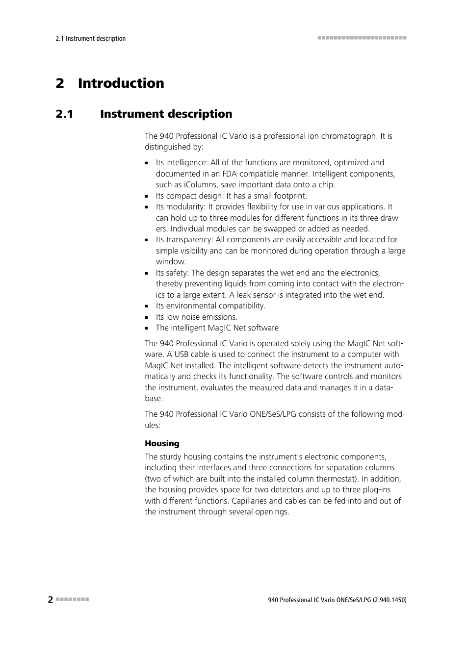 2 introduction, 1 instrument description, Instrument description | Metrohm 940 Professional IC Vario ONE/SeS/LPG User Manual | Page 10 / 52