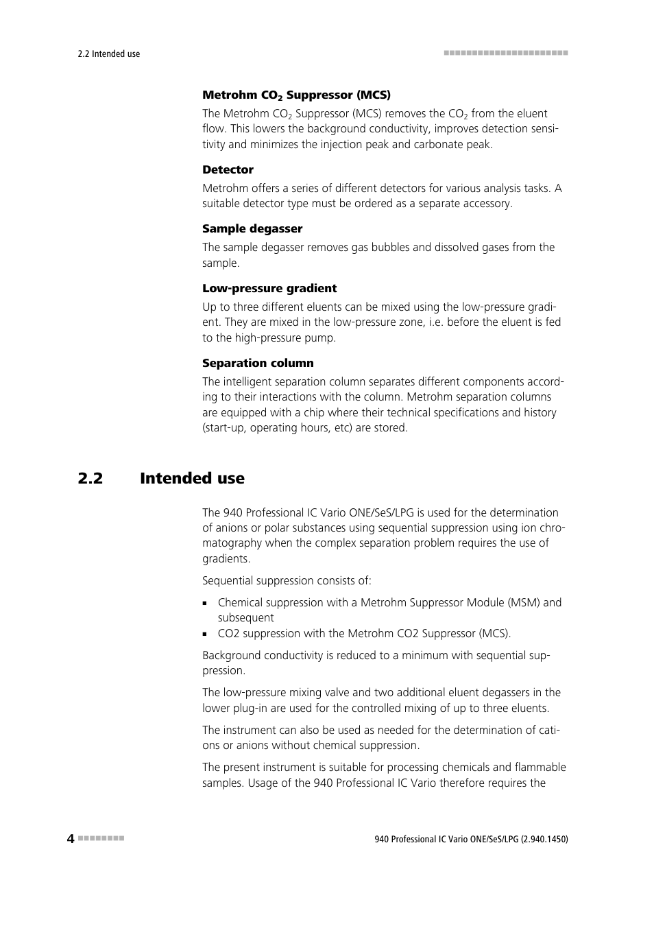 2 intended use, Intended use | Metrohm 940 Professional IC Vario ONE/SeS/LPG User Manual | Page 12 / 52