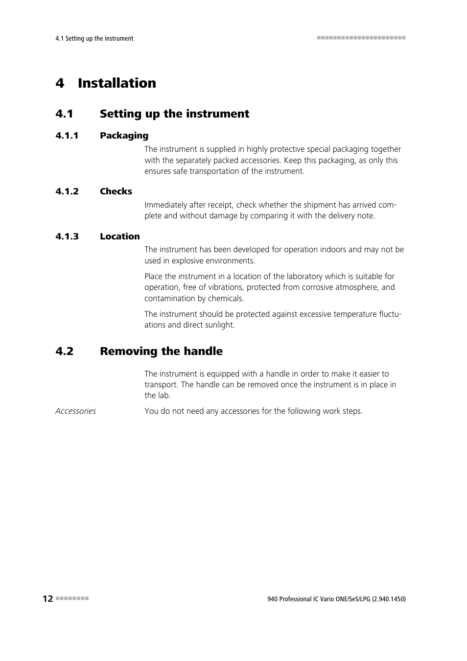 4 installation, 1 setting up the instrument, 1 packaging | 2 checks, 3 location, 2 removing the handle, Setting up the instrument, Packaging, Checks, Location | Metrohm 940 Professional IC Vario ONE/SeS/LPG User Manual | Page 20 / 52