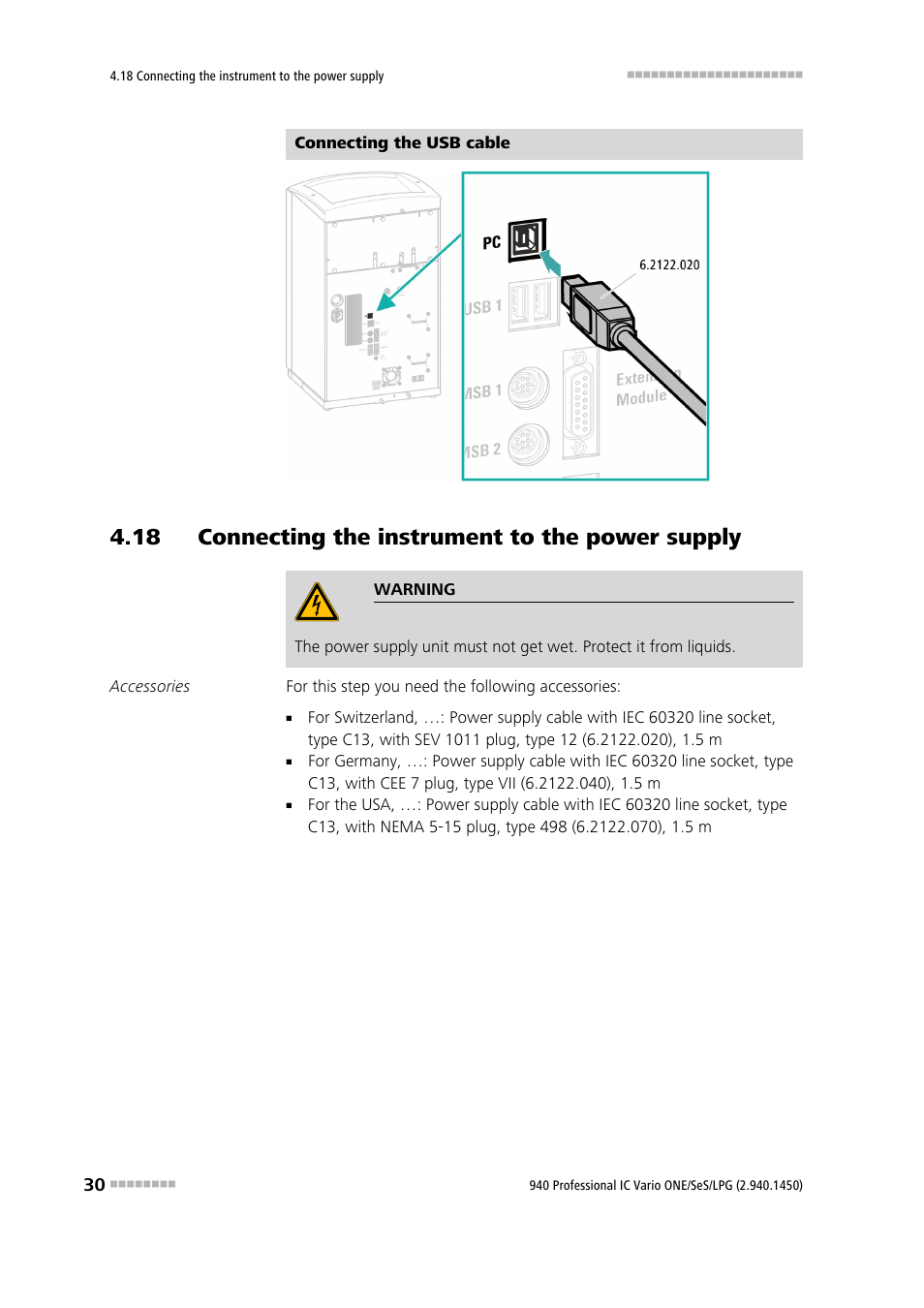 18 connecting the instrument to the power supply | Metrohm 940 Professional IC Vario ONE/SeS/LPG User Manual | Page 38 / 52