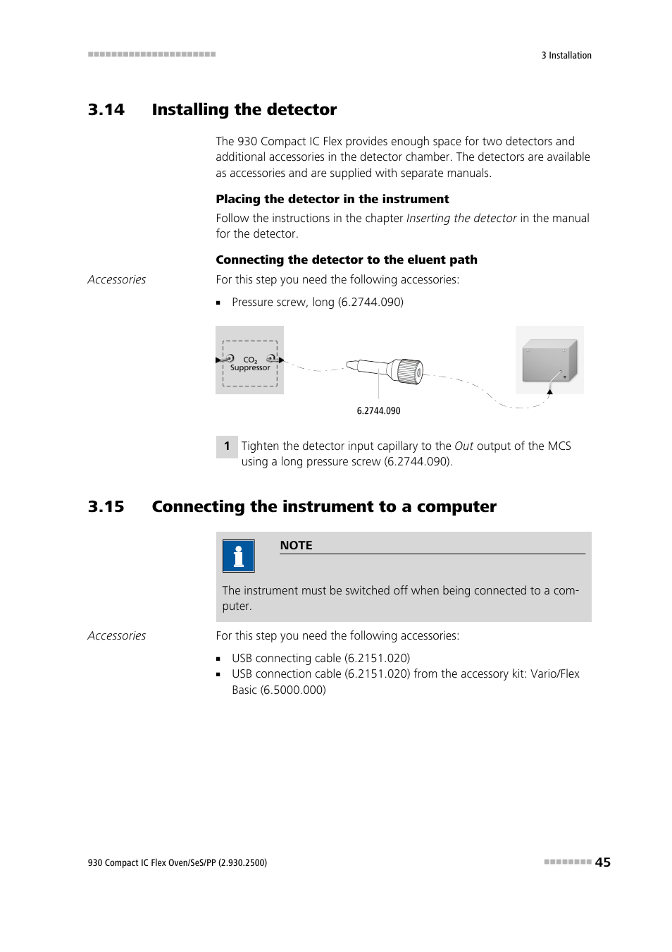 14 installing the detector, 15 connecting the instrument to a computer | Metrohm 930 Compact IC Flex Oven/SeS/PP User Manual | Page 53 / 118