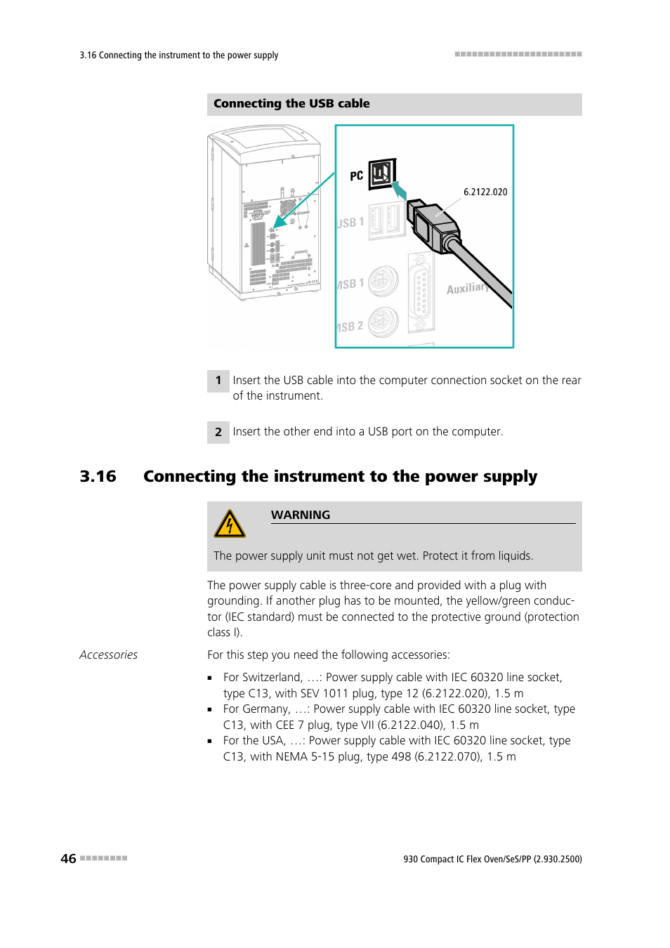 16 connecting the instrument to the power supply | Metrohm 930 Compact IC Flex Oven/SeS/PP User Manual | Page 54 / 118