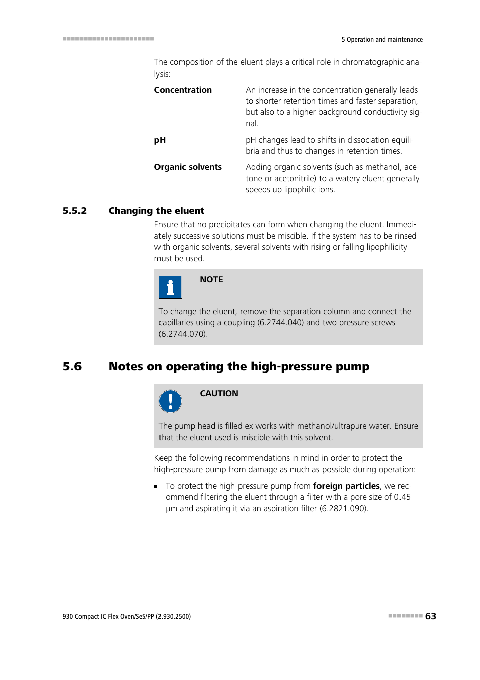 2 changing the eluent, 6 notes on operating the high-pressure pump, Changing the eluent | Notes on operating the high-pressure pump | Metrohm 930 Compact IC Flex Oven/SeS/PP User Manual | Page 71 / 118