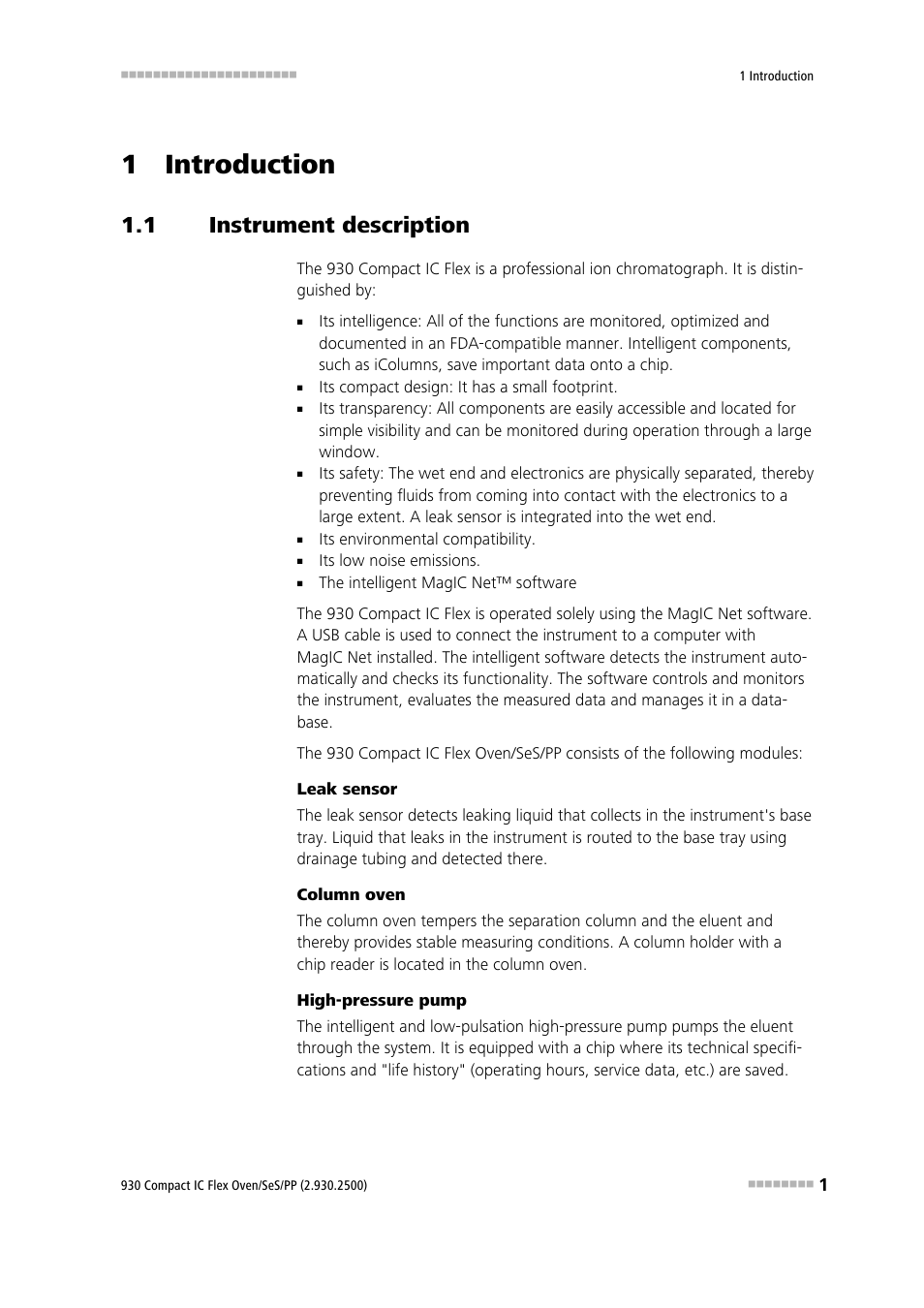 1 introduction, 1 instrument description, Instrument description | Metrohm 930 Compact IC Flex Oven/SeS/PP User Manual | Page 9 / 118