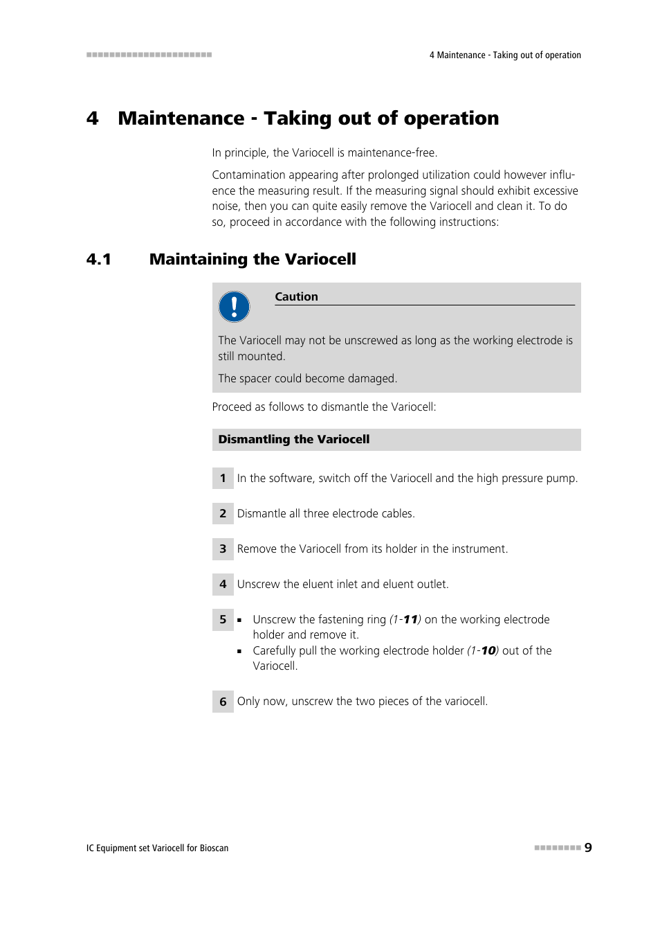 4 maintenance - taking out of operation, 1 maintaining the variocell, Maintaining the variocell | Metrohm Variocell for Bioscan – 6.5331.1X0 User Manual | Page 15 / 27