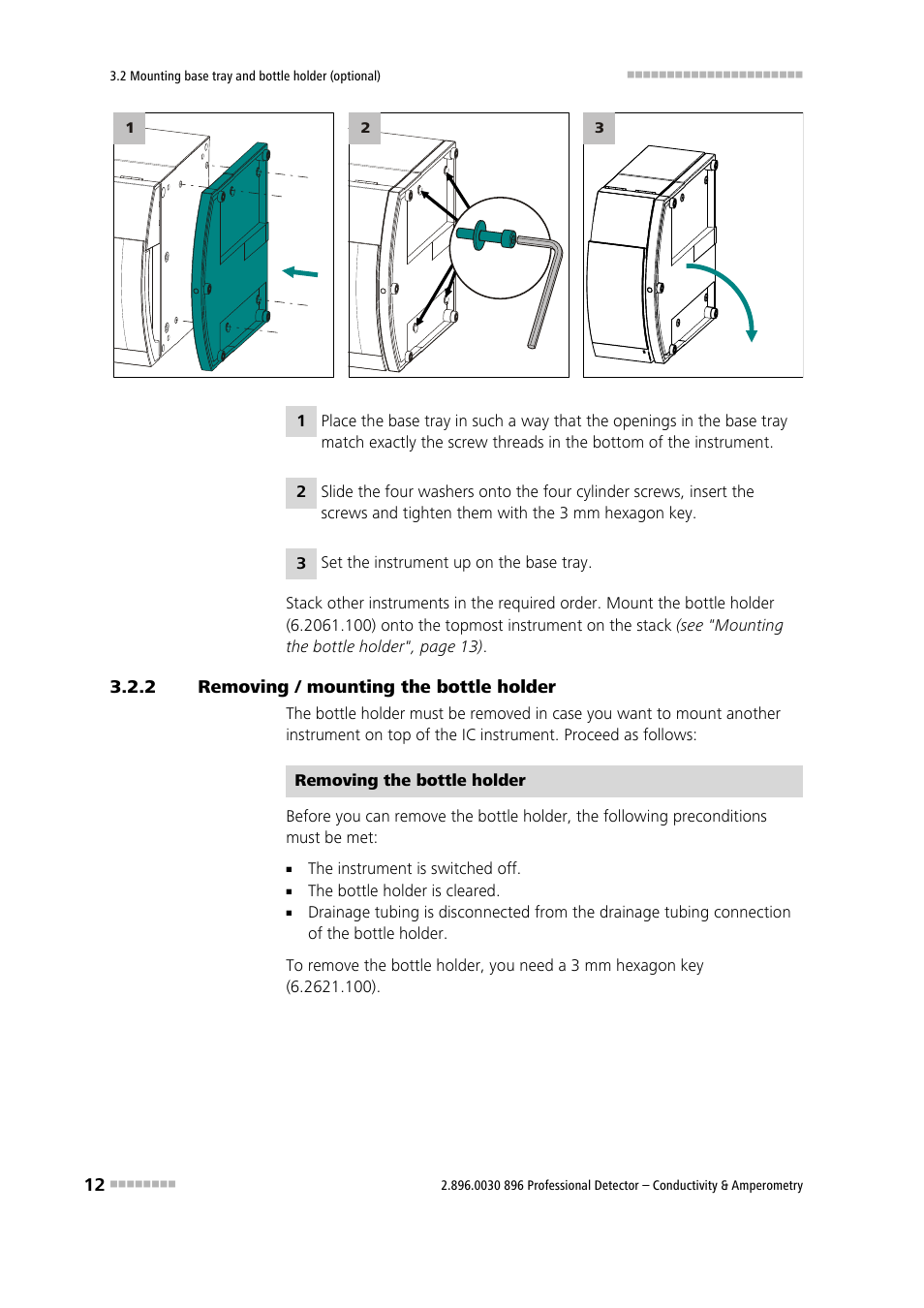 2 removing / mounting the bottle holder, Removing / mounting the bottle holder | Metrohm 896 Professional Detector – Conductivity & Amperometry User Manual | Page 20 / 67
