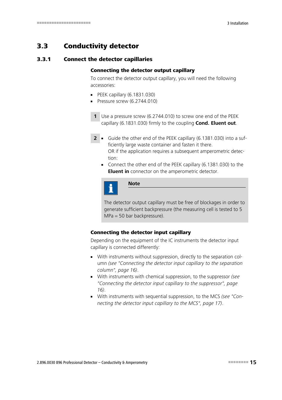 3 conductivity detector, 1 connect the detector capillaries, Conductivity detector | Connect the detector capillaries | Metrohm 896 Professional Detector – Conductivity & Amperometry User Manual | Page 23 / 67