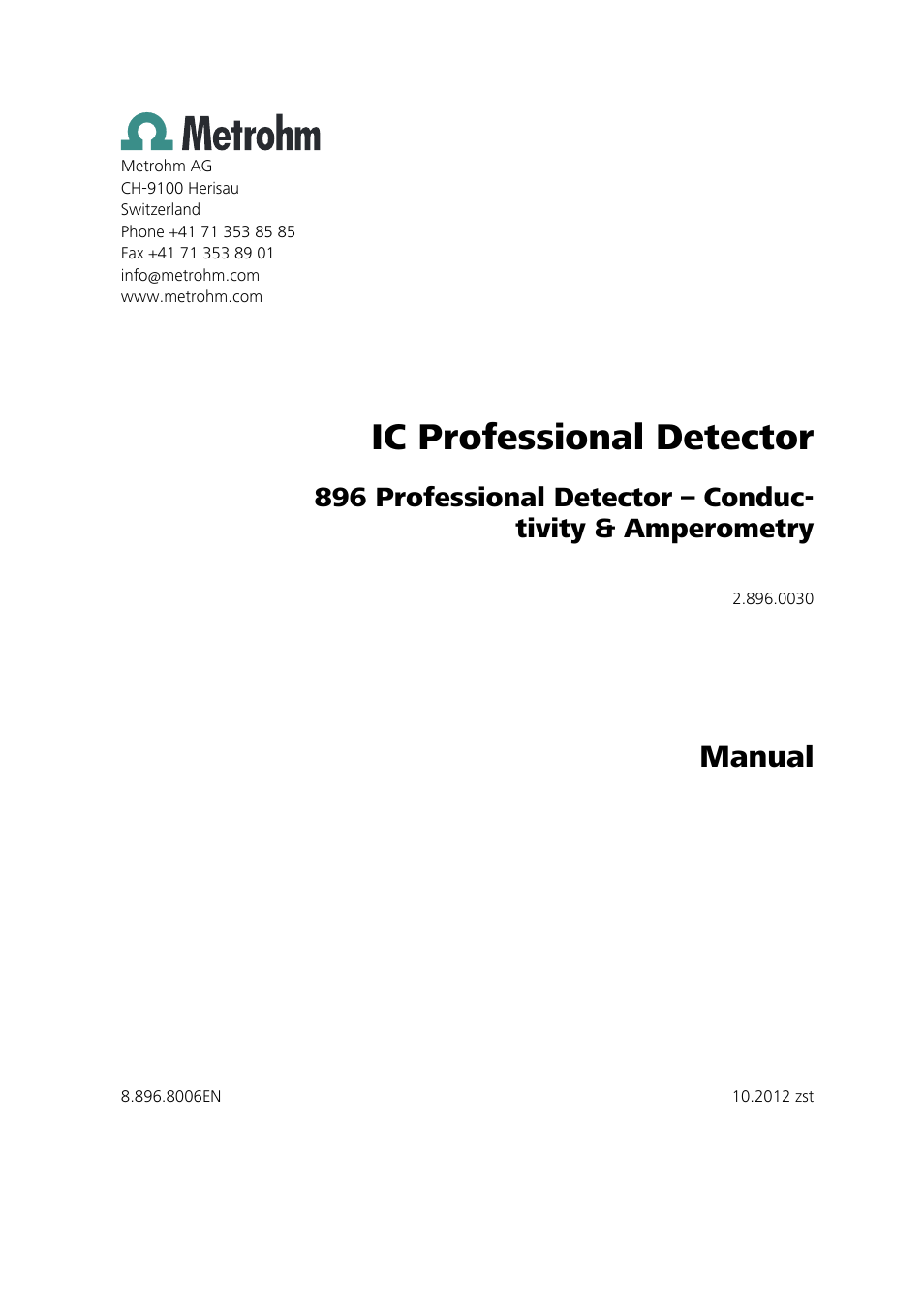 Ic professional detector, Manual | Metrohm 896 Professional Detector – Conductivity & Amperometry User Manual | Page 3 / 67