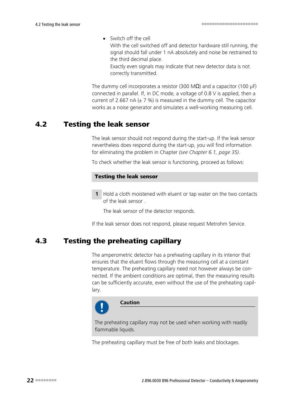2 testing the leak sensor, 3 testing the preheating capillary, Testing the leak sensor | Testing the preheating capillary | Metrohm 896 Professional Detector – Conductivity & Amperometry User Manual | Page 30 / 67