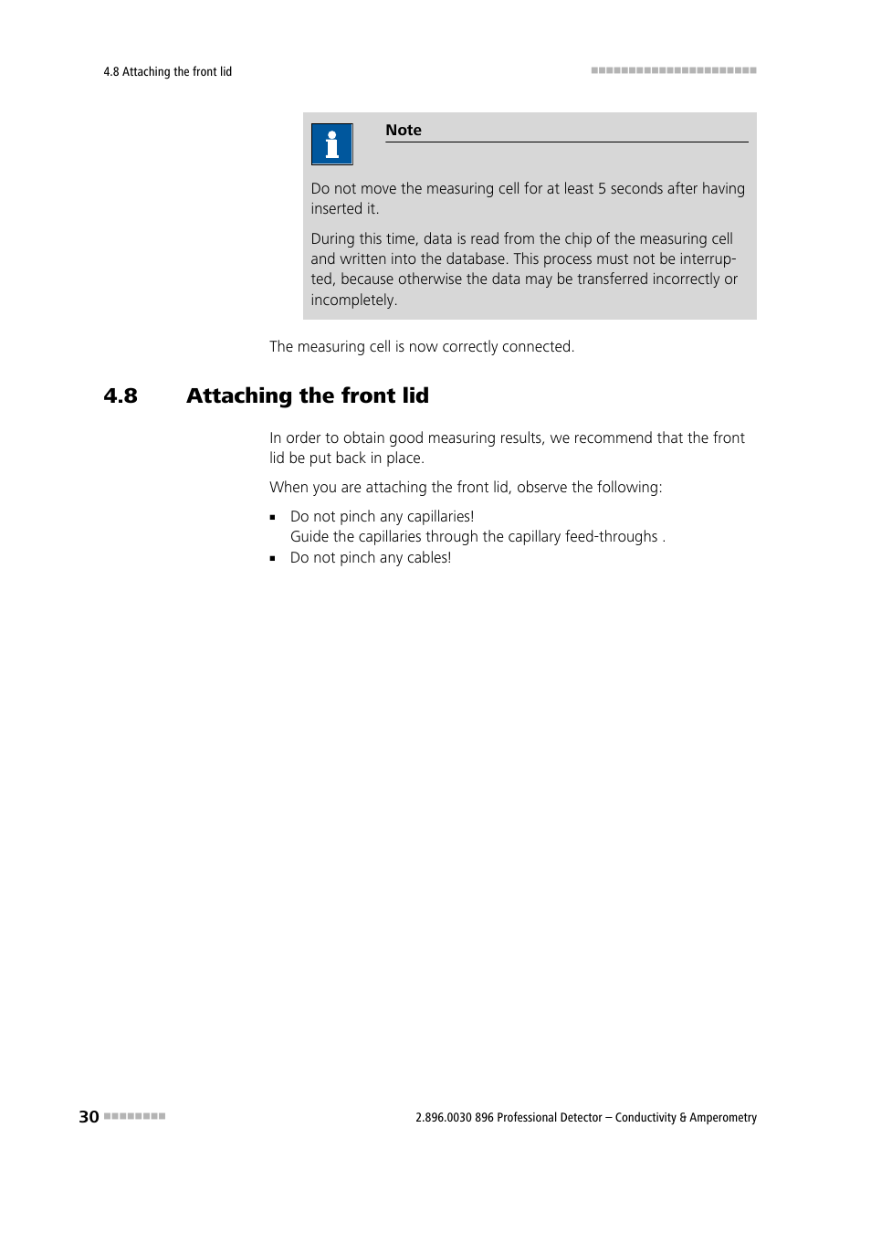 8 attaching the front lid, Attaching the front lid | Metrohm 896 Professional Detector – Conductivity & Amperometry User Manual | Page 38 / 67