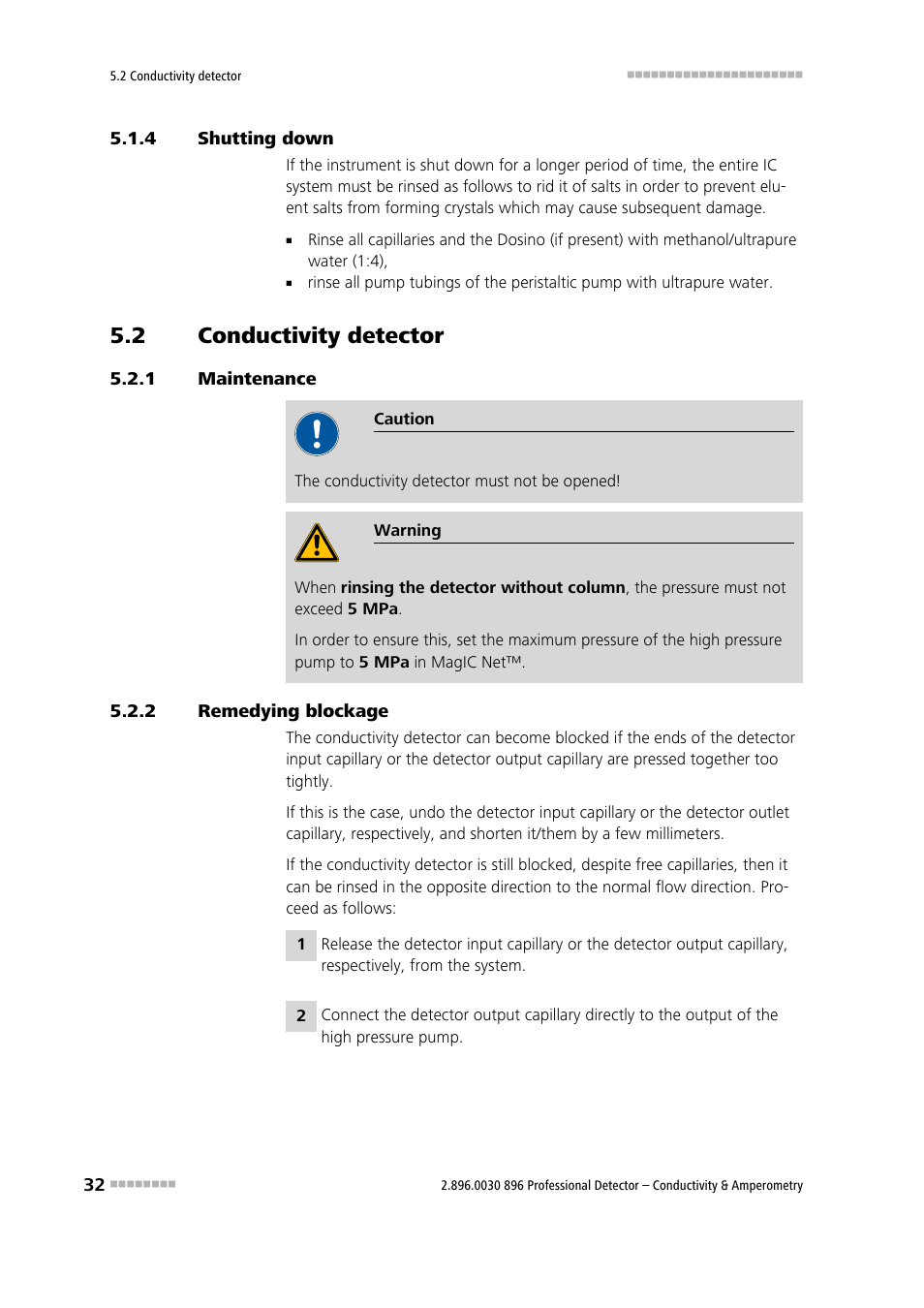4 shutting down, 2 conductivity detector, 1 maintenance | 2 remedying blockage, Shutting down, Conductivity detector, Maintenance, Remedying blockage | Metrohm 896 Professional Detector – Conductivity & Amperometry User Manual | Page 40 / 67