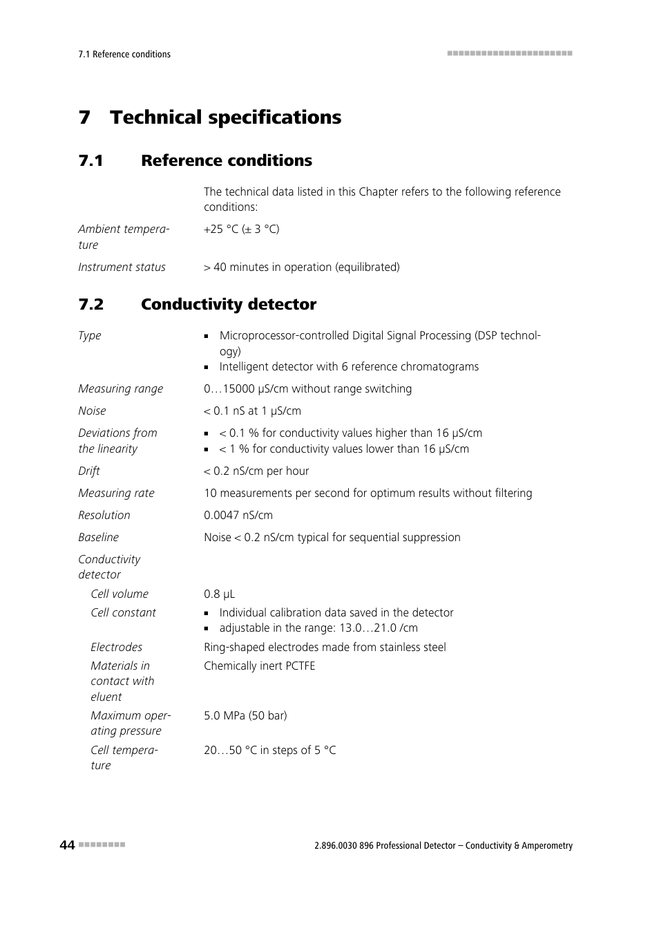 7 technical specifications, 1 reference conditions, 2 conductivity detector | Reference conditions, Conductivity detector | Metrohm 896 Professional Detector – Conductivity & Amperometry User Manual | Page 52 / 67