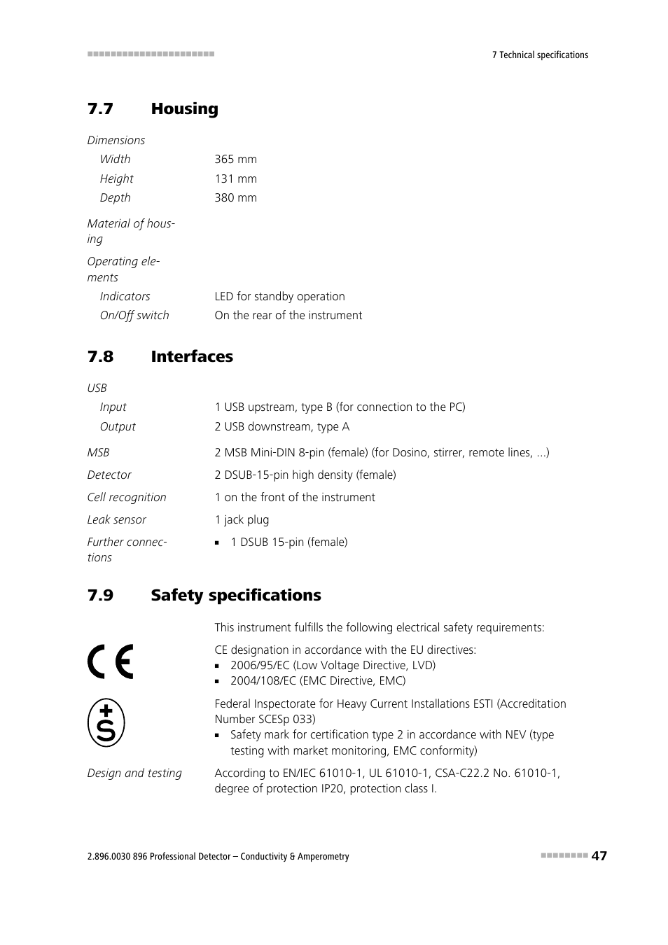 7 housing, 8 interfaces, 9 safety specifications | Housing, Interfaces, Safety specifications | Metrohm 896 Professional Detector – Conductivity & Amperometry User Manual | Page 55 / 67