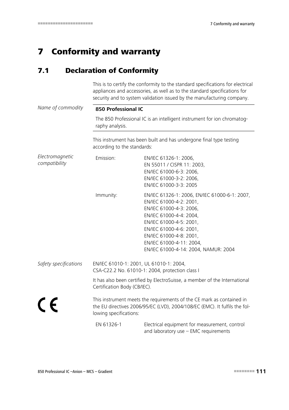 7 conformity and warranty, 1 declaration of conformity, Declaration of conformity | Metrohm 850 Professional IC Anion MCS Gradient User Manual | Page 121 / 143