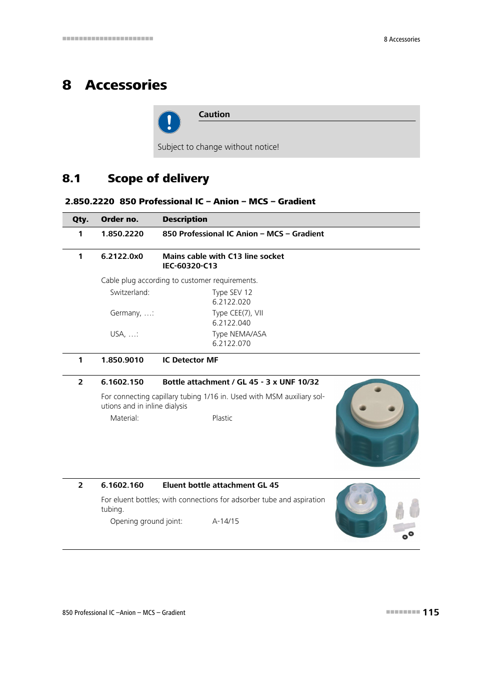 8 accessories, 1 scope of delivery, Scope of delivery | Metrohm 850 Professional IC Anion MCS Gradient User Manual | Page 125 / 143