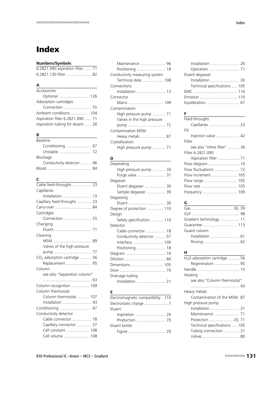 Index | Metrohm 850 Professional IC Anion MCS Gradient User Manual | Page 141 / 143