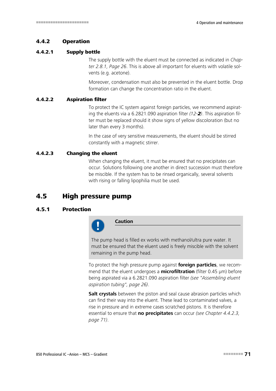 2 operation, 1 supply bottle, 2 aspiration filter | 3 changing the eluent, 5 high pressure pump, 1 protection, Operation, High pressure pump, Protection | Metrohm 850 Professional IC Anion MCS Gradient User Manual | Page 81 / 143