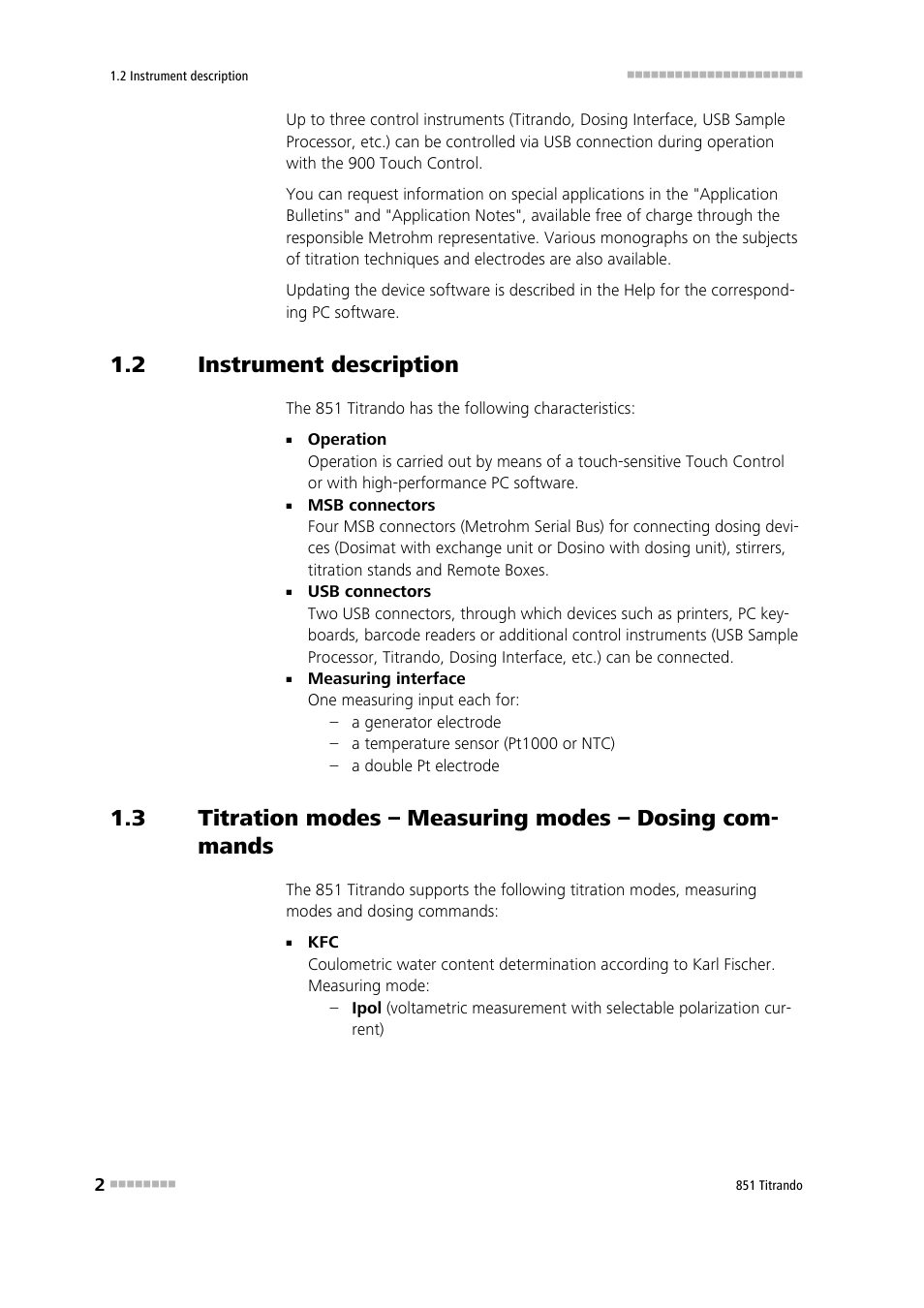 2 instrument description, Instrument description | Metrohm 851 Titrando User Manual | Page 10 / 100