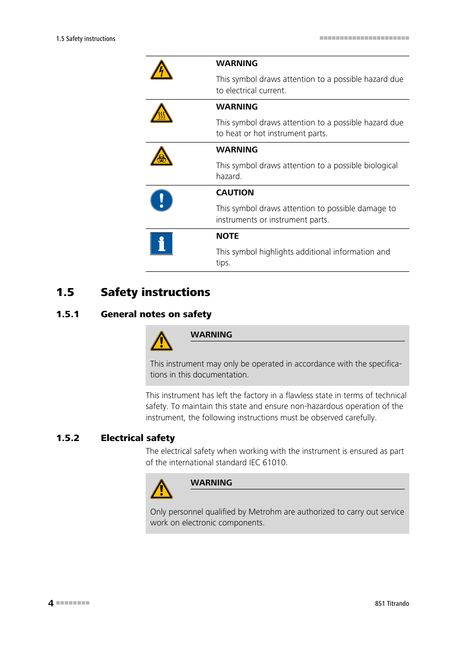 5 safety instructions, 1 general notes on safety, 2 electrical safety | Safety instructions, General notes on safety, Electrical safety | Metrohm 851 Titrando User Manual | Page 12 / 100