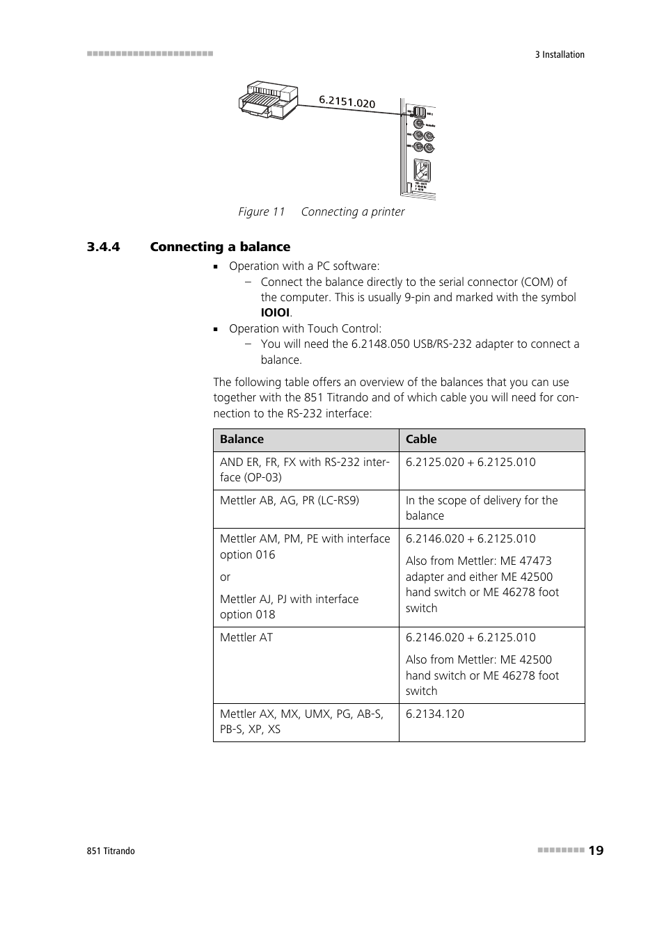 4 connecting a balance, Connecting a balance, Figure 11 | Connecting a printer | Metrohm 851 Titrando User Manual | Page 27 / 100