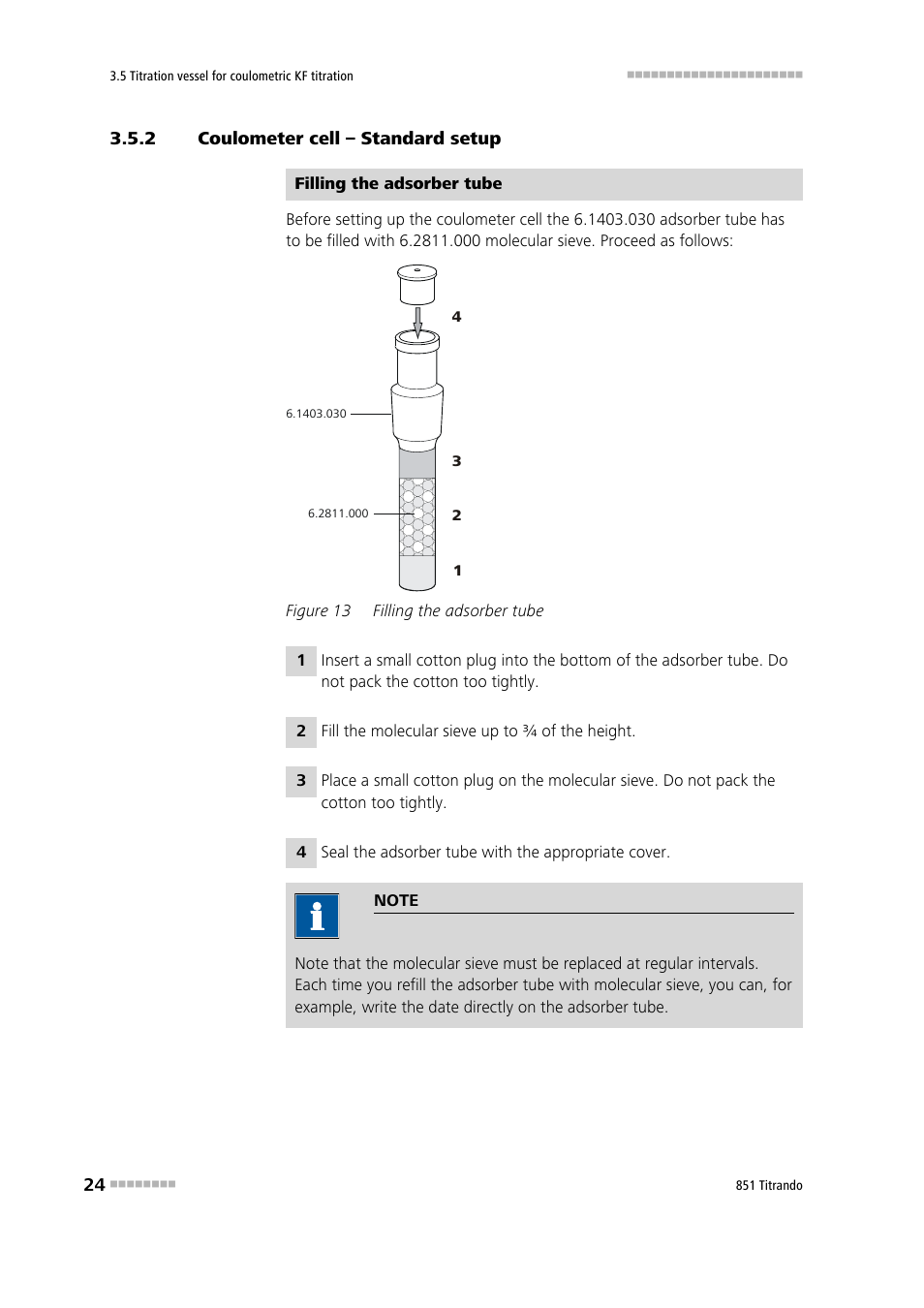 2 coulometer cell – standard setup, Coulometer cell – standard setup, Figure 13 | Filling the adsorber tube | Metrohm 851 Titrando User Manual | Page 32 / 100