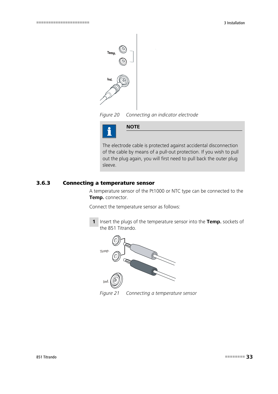 3 connecting a temperature sensor, Connecting a temperature sensor, Figure 20 | Connecting an indicator electrode, Figure 21 | Metrohm 851 Titrando User Manual | Page 41 / 100