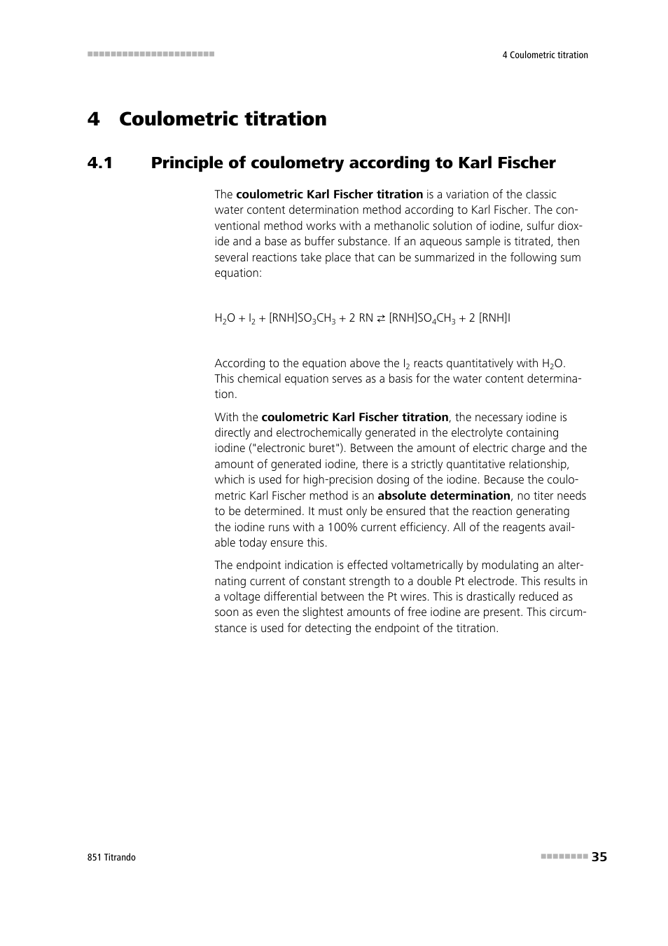 4 coulometric titration, Principle of coulometry according to karl fischer | Metrohm 851 Titrando User Manual | Page 43 / 100