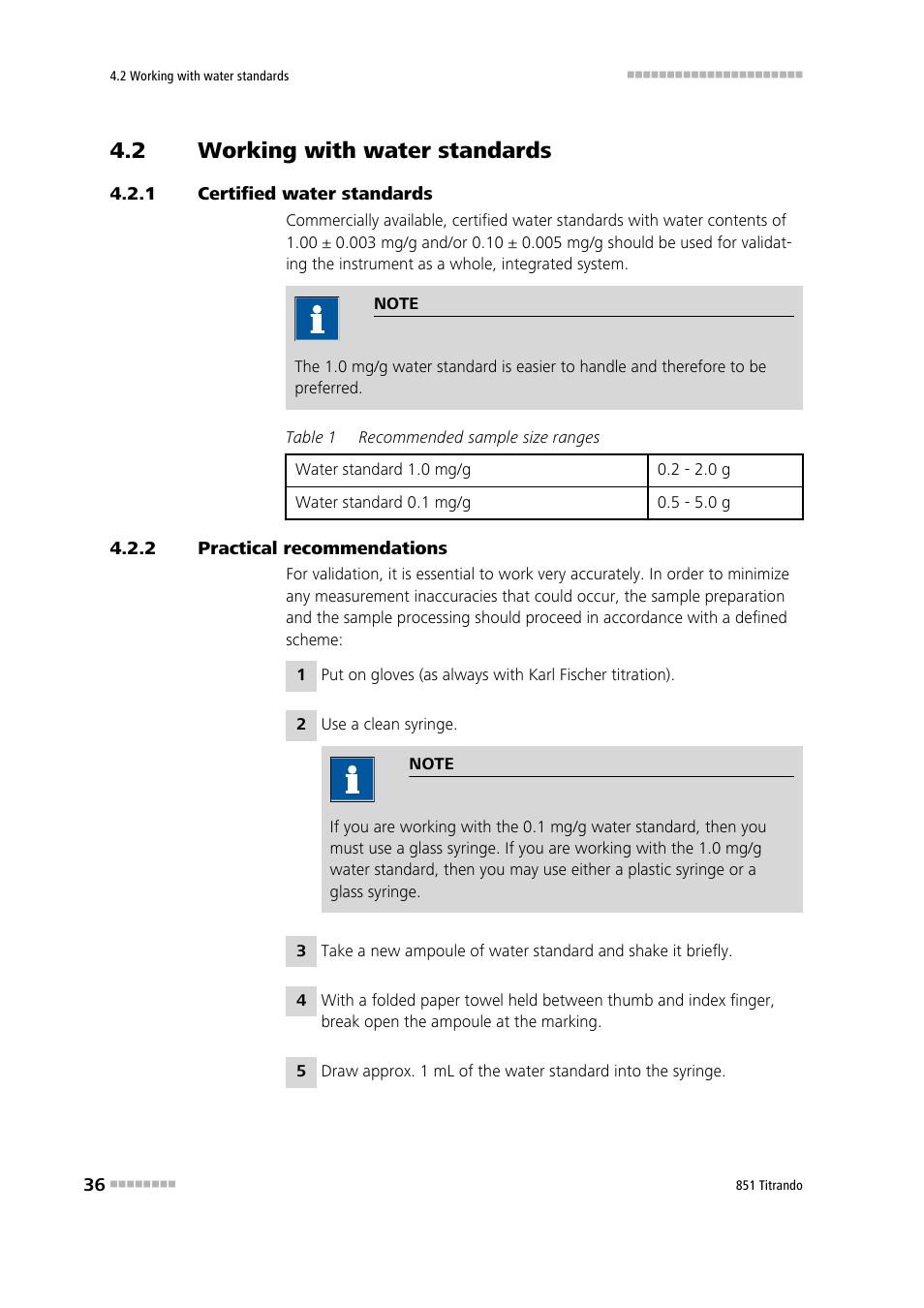2 working with water standards, 1 certified water standards, 2 practical recommendations | Working with water standards, Certified water standards, Practical recommendations | Metrohm 851 Titrando User Manual | Page 44 / 100