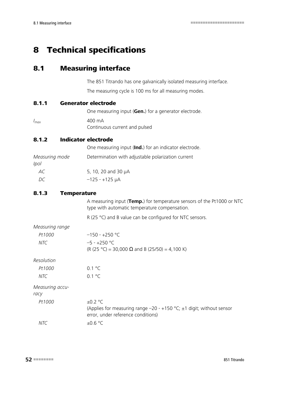 8 technical specifications, 1 measuring interface, 1 generator electrode | 2 indicator electrode, 3 temperature, Measuring interface, Generator electrode, Indicator electrode, Temperature | Metrohm 851 Titrando User Manual | Page 60 / 100
