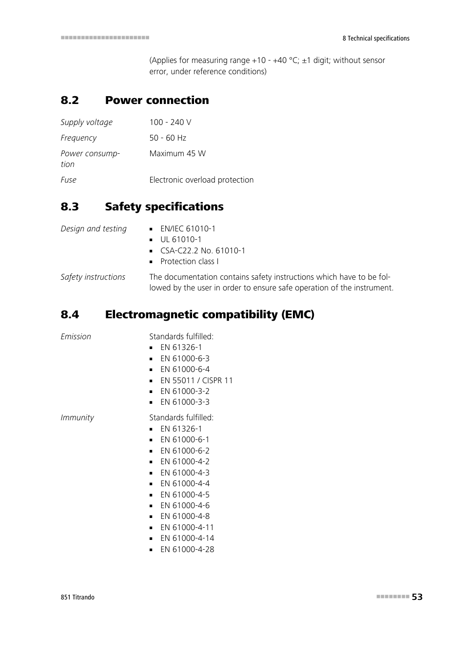 2 power connection, 3 safety specifications, 4 electromagnetic compatibility (emc) | Power connection, Safety specifications, Electromagnetic compatibility (emc) | Metrohm 851 Titrando User Manual | Page 61 / 100