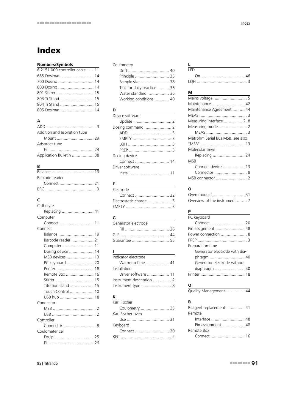 Index | Metrohm 851 Titrando User Manual | Page 99 / 100