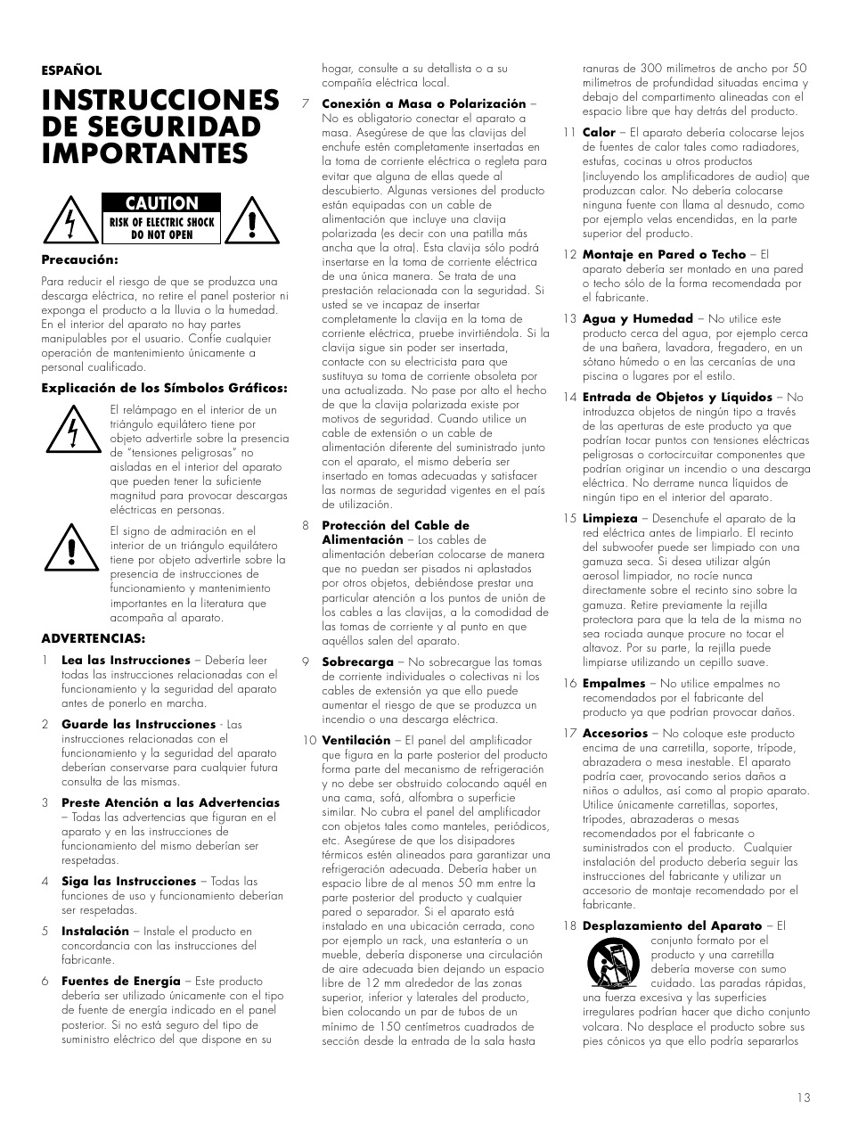 Instrucciones de seguridad importantes, Caution | Bowers & Wilkins ASW CM User Manual | Page 16 / 53