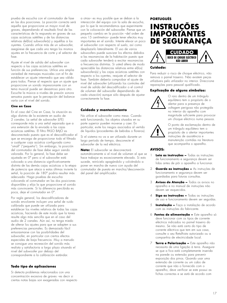 Instruções importantes de segurança, Cuidado | Bowers & Wilkins ASW CM User Manual | Page 20 / 53