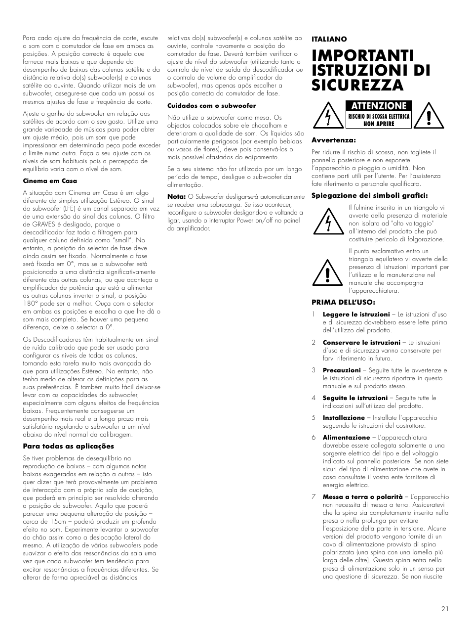 Importanti istruzioni di sicurezza, Attenzione | Bowers & Wilkins ASW CM User Manual | Page 24 / 53