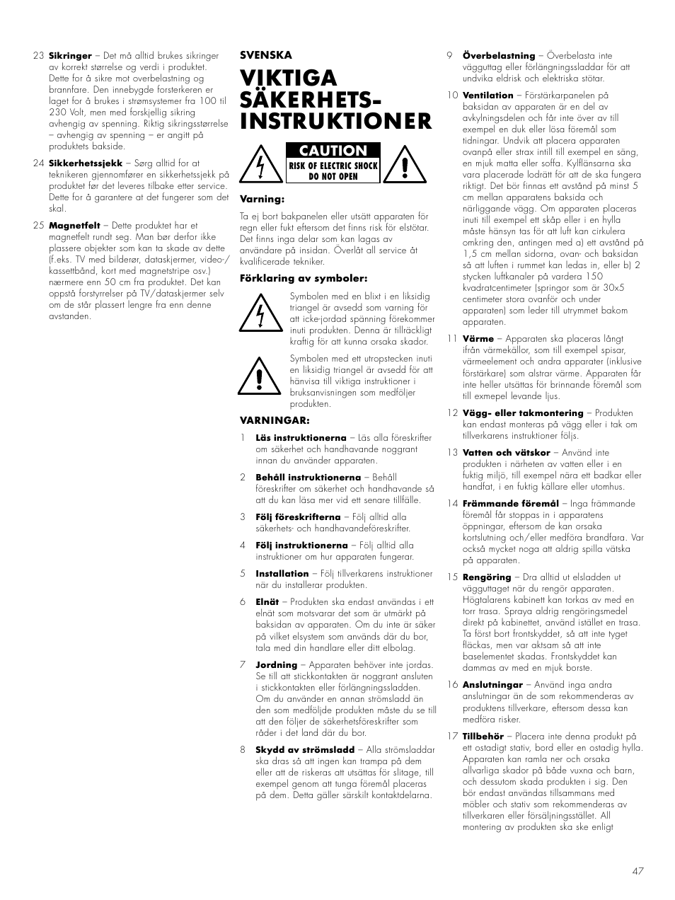 Viktiga säkerhets- instruktioner, Caution | Bowers & Wilkins ASW CM User Manual | Page 50 / 53