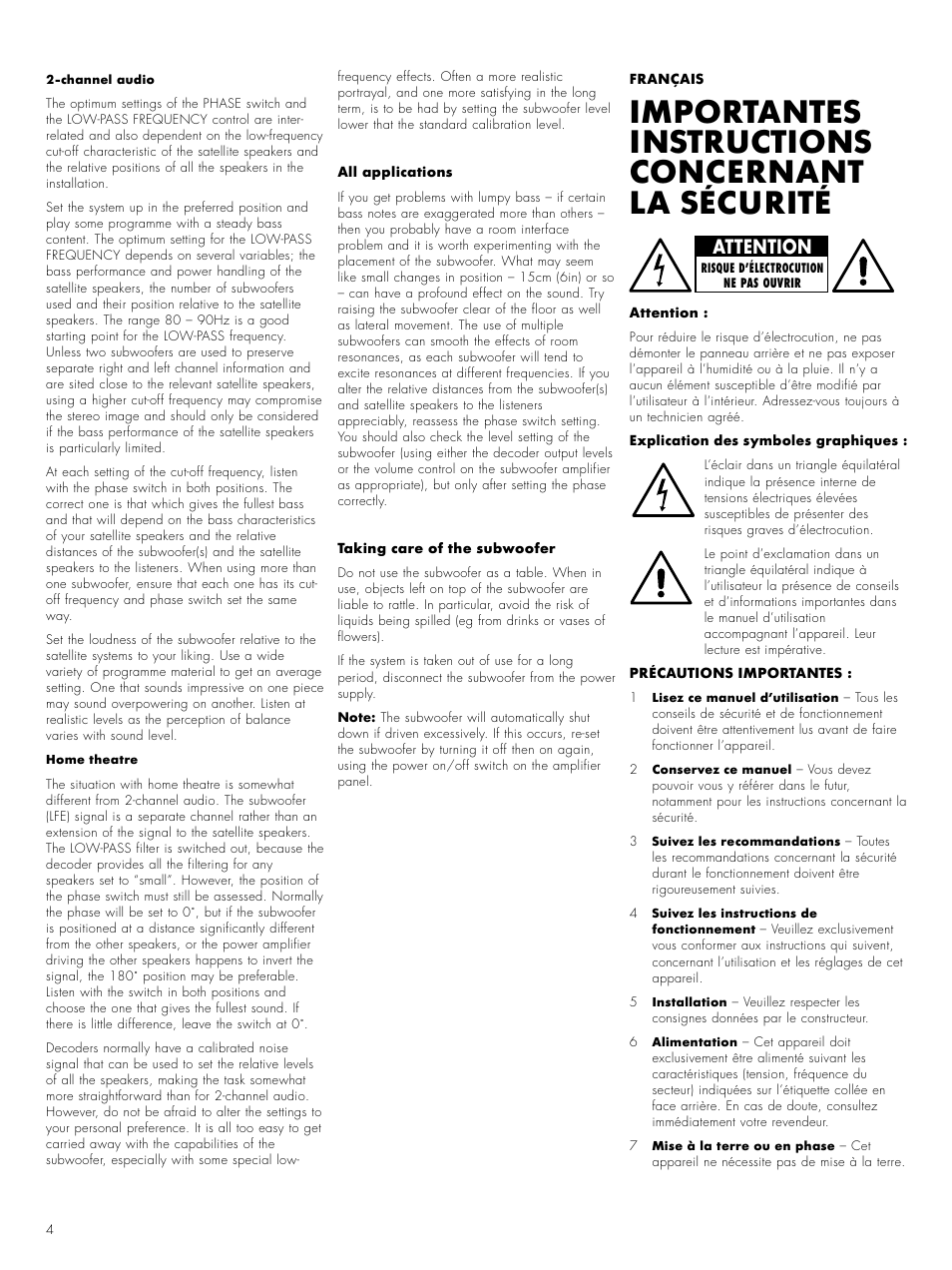 Importantes instructions concernant la sécurité, Attention | Bowers & Wilkins ASW CM User Manual | Page 7 / 53