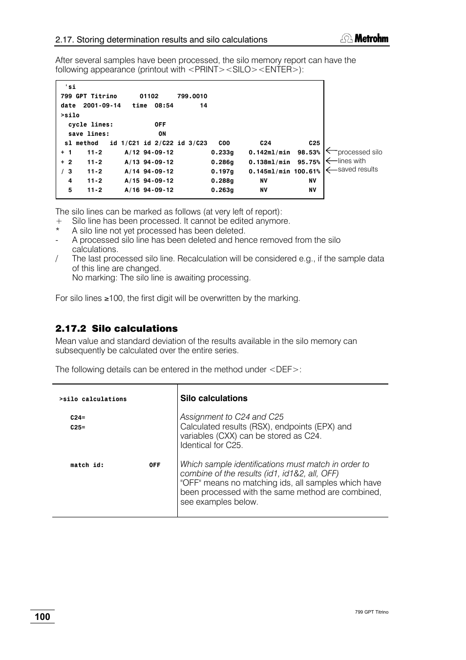2 silo calculations | Metrohm 799 GPT Titrino User Manual | Page 104 / 242
