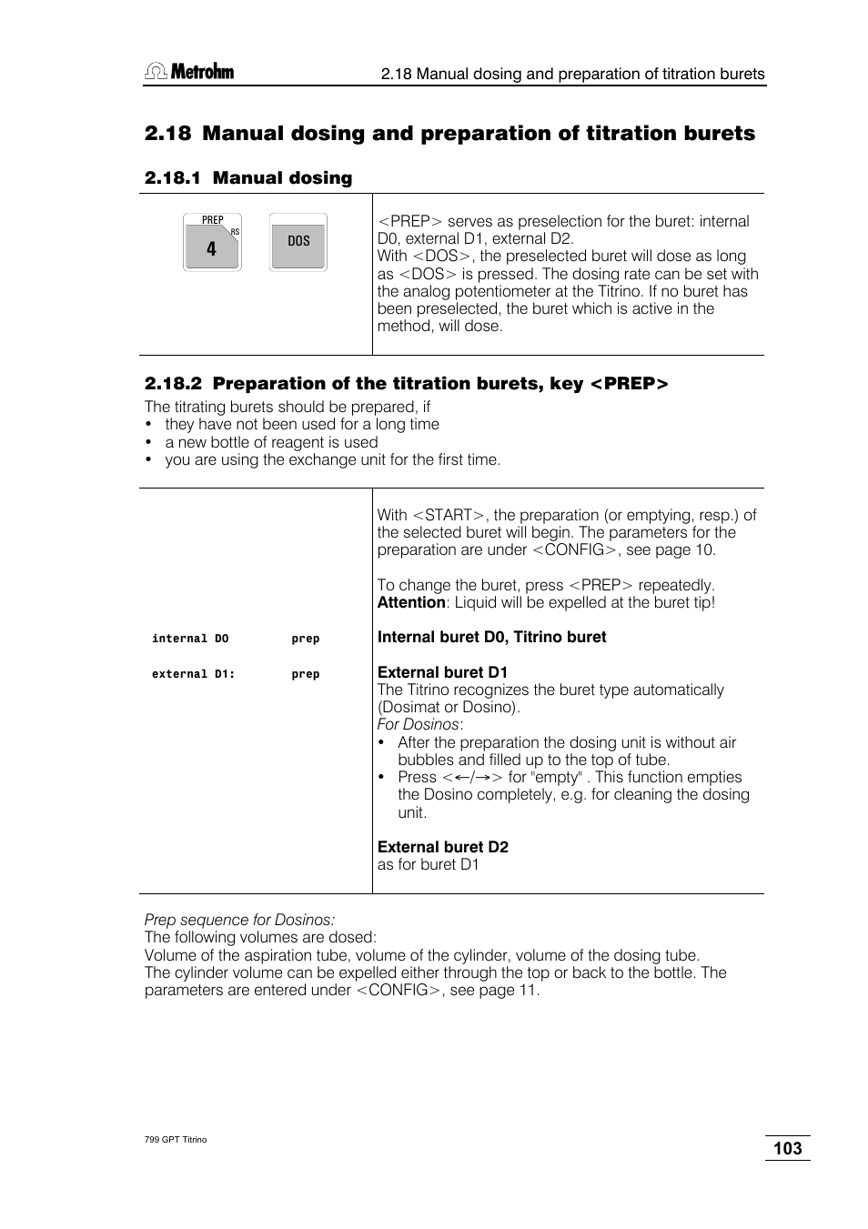 1 manual dosing, 2 preparation of the titration burets, key <prep | Metrohm 799 GPT Titrino User Manual | Page 107 / 242