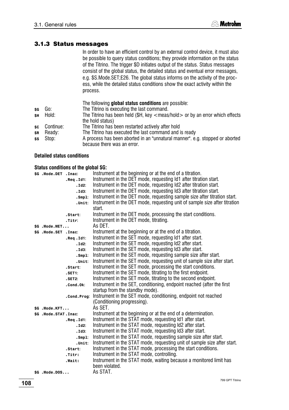 3 status messages | Metrohm 799 GPT Titrino User Manual | Page 112 / 242
