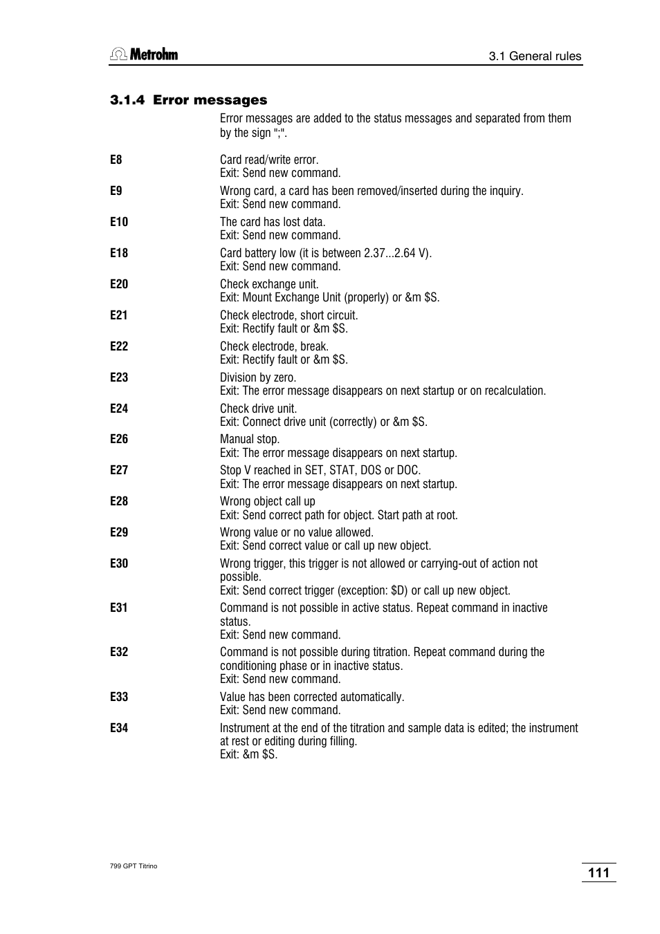 4 error messages | Metrohm 799 GPT Titrino User Manual | Page 115 / 242
