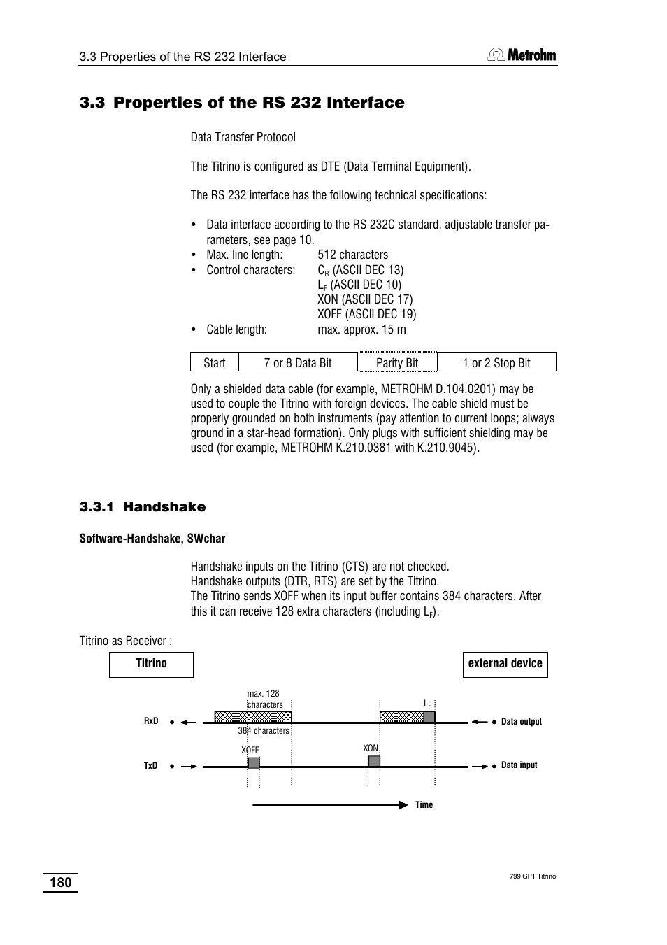 3 properties of the rs 232 interface, 1 handshake | Metrohm 799 GPT Titrino User Manual | Page 184 / 242