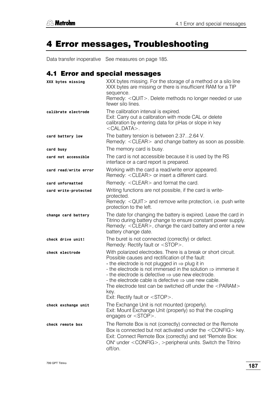 4 error messages, troubleshooting, 1 error and special messages | Metrohm 799 GPT Titrino User Manual | Page 191 / 242