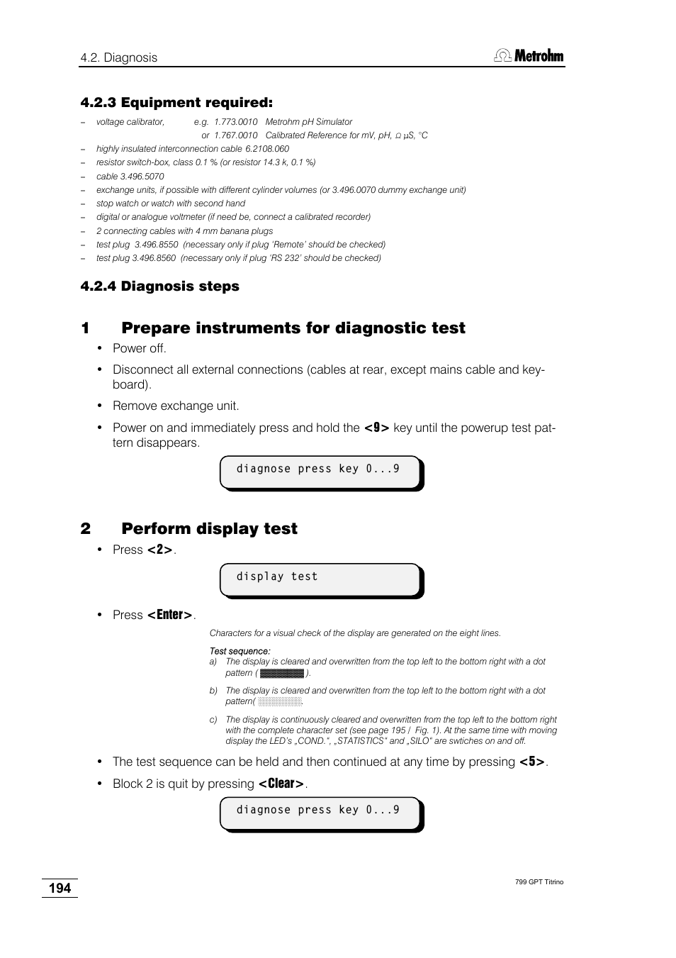 3 equipment required, 4 diagnosis steps, 1prepare instruments for diagnostic test | 2perform display test | Metrohm 799 GPT Titrino User Manual | Page 198 / 242