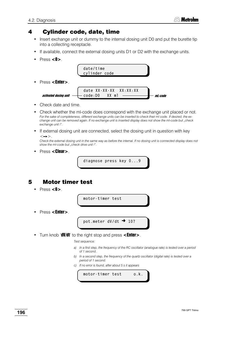 4cylinder code, date, time, 5motor timer test | Metrohm 799 GPT Titrino User Manual | Page 200 / 242