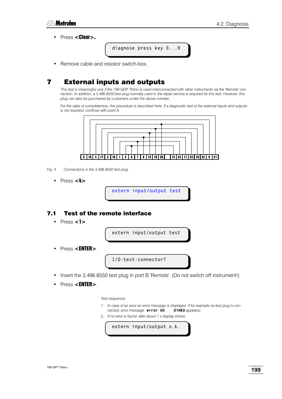 7external inputs and outputs, 1 test of the remote interface | Metrohm 799 GPT Titrino User Manual | Page 203 / 242