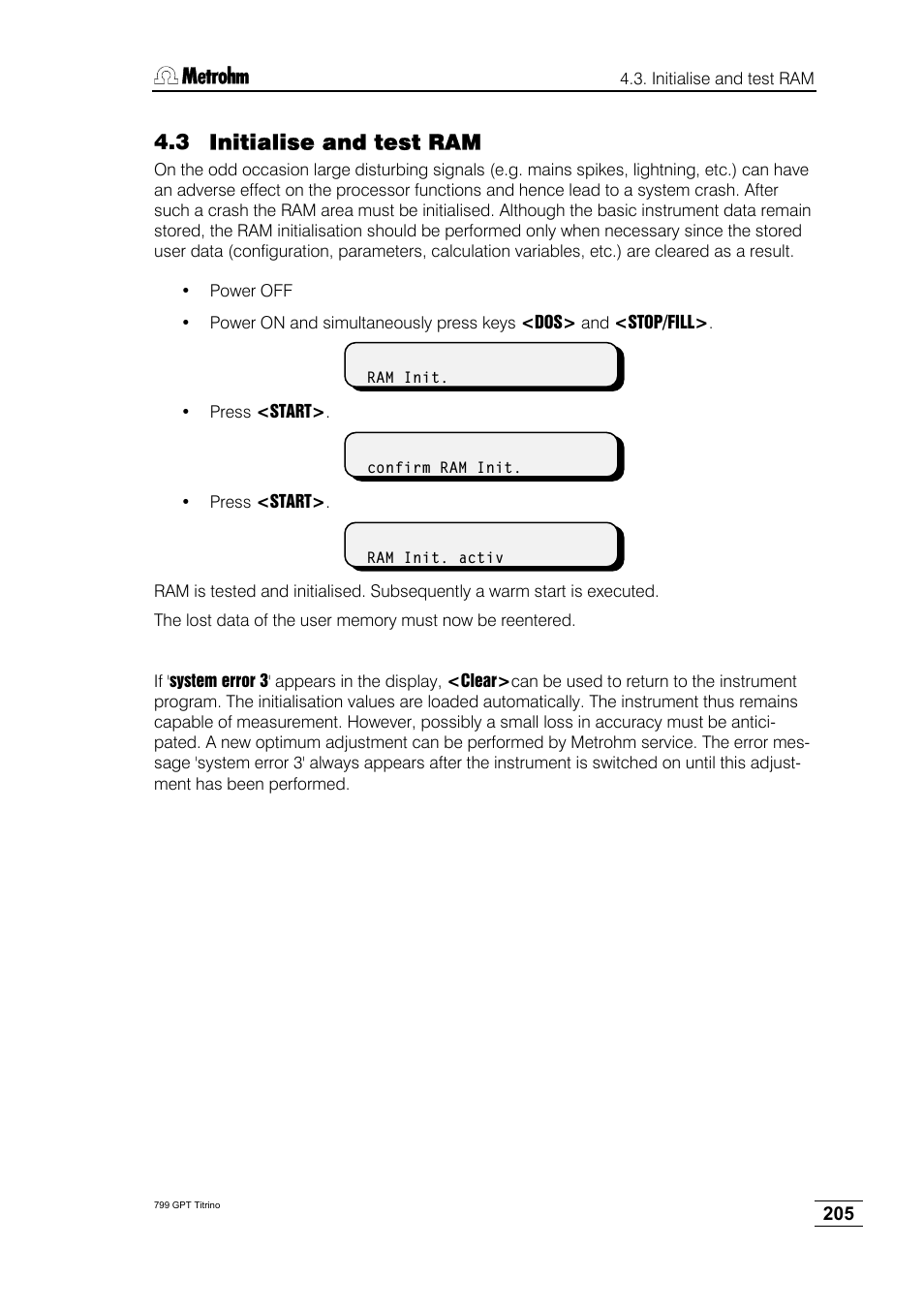 3 initialise and test ram | Metrohm 799 GPT Titrino User Manual | Page 209 / 242